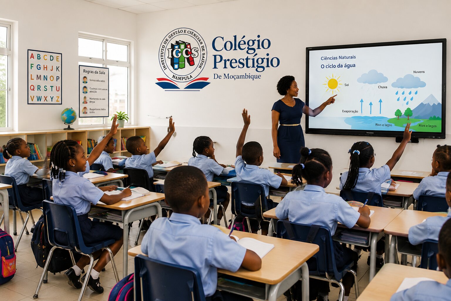 Sala de aula do Colégio Prestígio com carteiras e quadro interactivo (TV Flip)