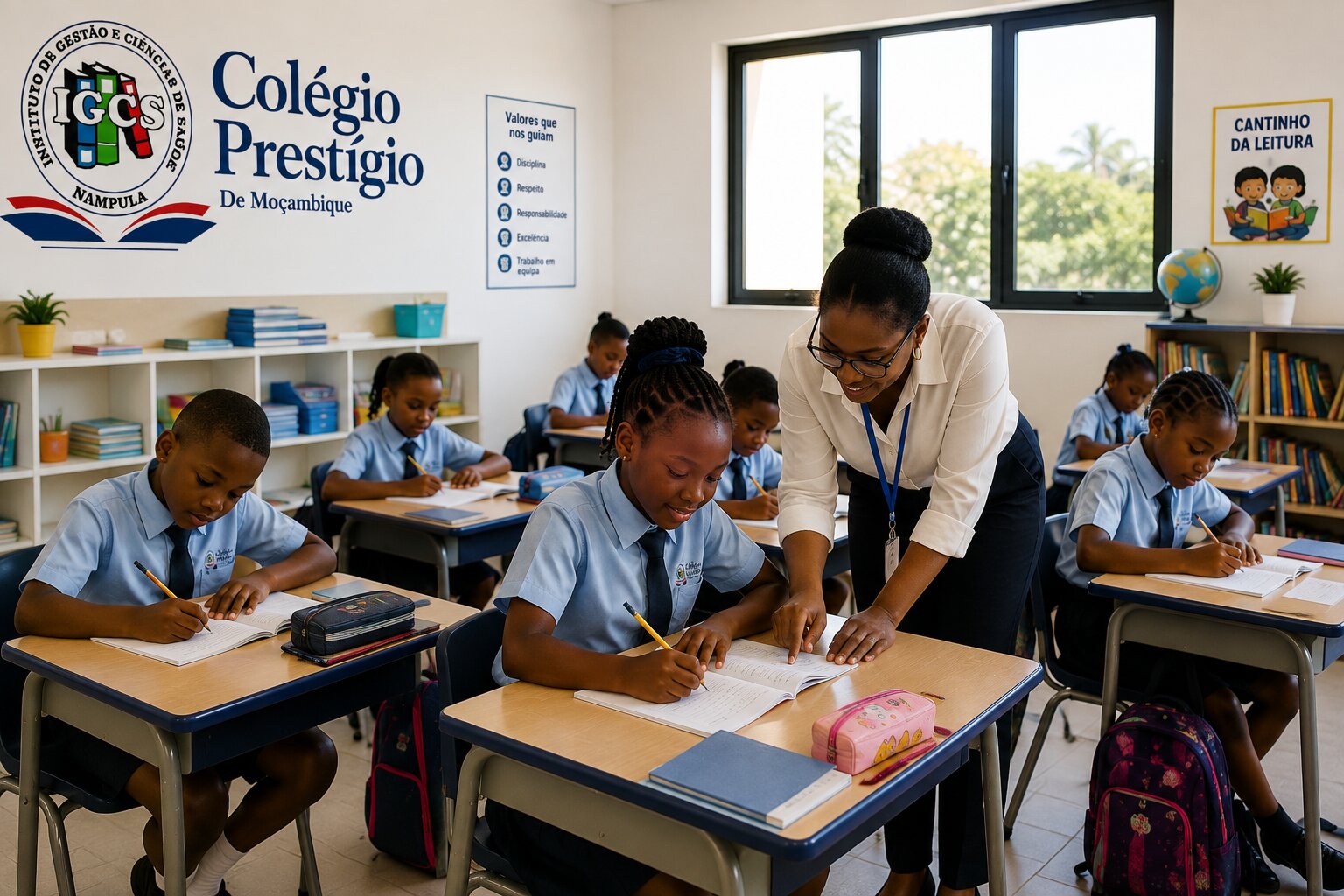 Alunos do Colégio Prestígio em sala de aula, com acompanhamento próximo da professora